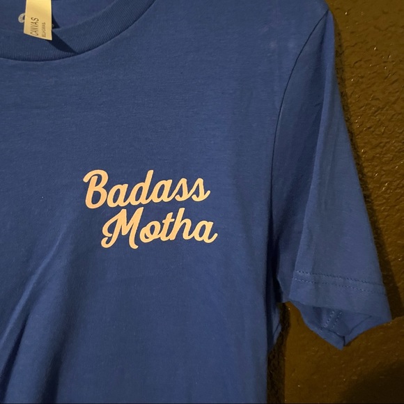 Blue Short Sleeve Tee with Pink ‘Badass Motha’ by Her Little Wolves, Size Small - Picture 2 of 5